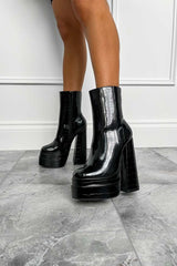 CARMEN Platform Heeled Boots - Black Croc Patent - 2