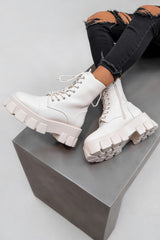 COMMANDER Chunky Platform Lace Up Boots - Beige PU - 2