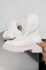 Chunky Platform Sock Fit Ankle Boots - Beige-2