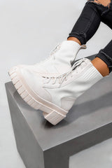 Chunky Platform Sock Fit Ankle Boots - Beige