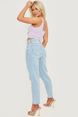 Cut Out Ripped Denim Jeans - Blue - 3