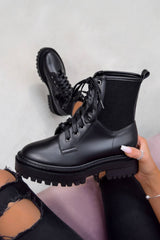 DAKOTA Lace Up Chunky Ankle Boots - Black PU
