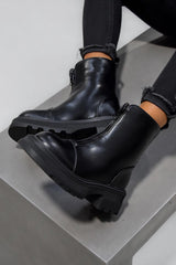 DELEGATE Chunky Sole Zip Front Ankle Boots - Black PU