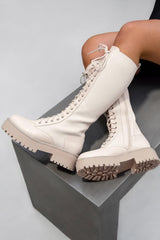 DESTRUCTION Lace Up Midi Boots - Beige-1