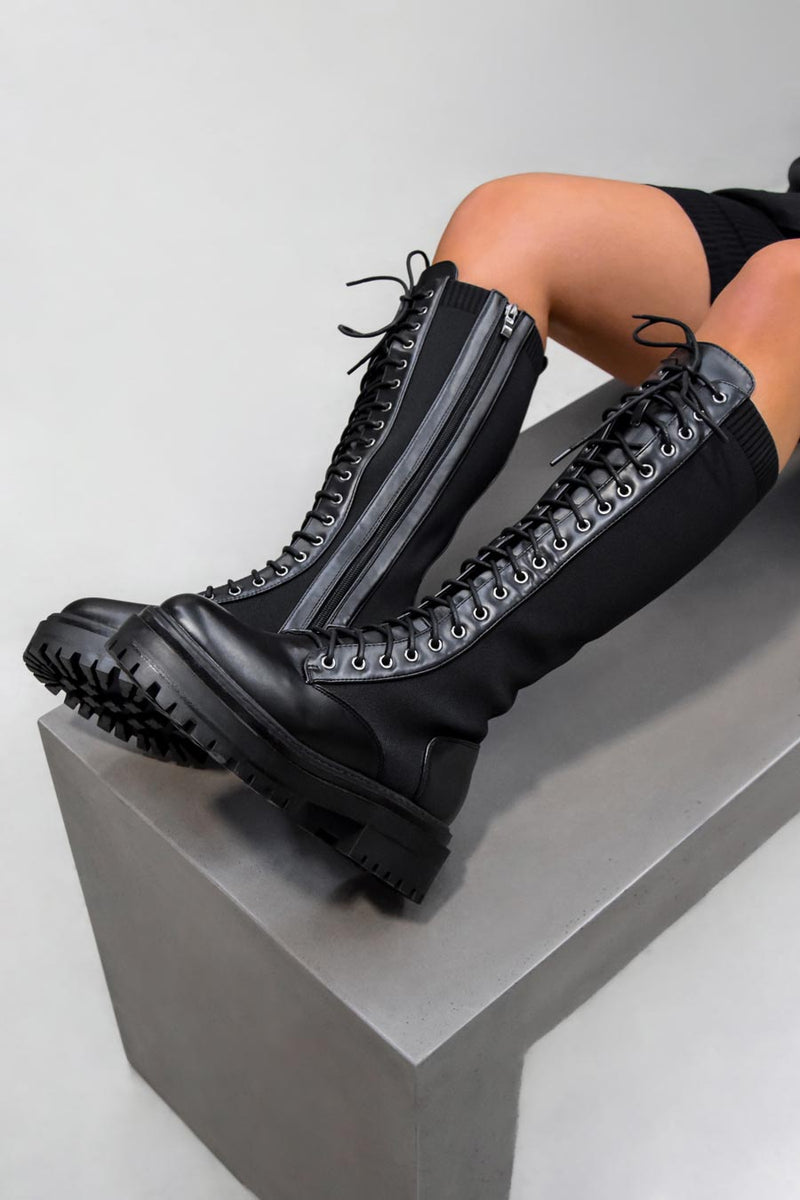 DESTRUCTION Lace Up Midi Boots - Black