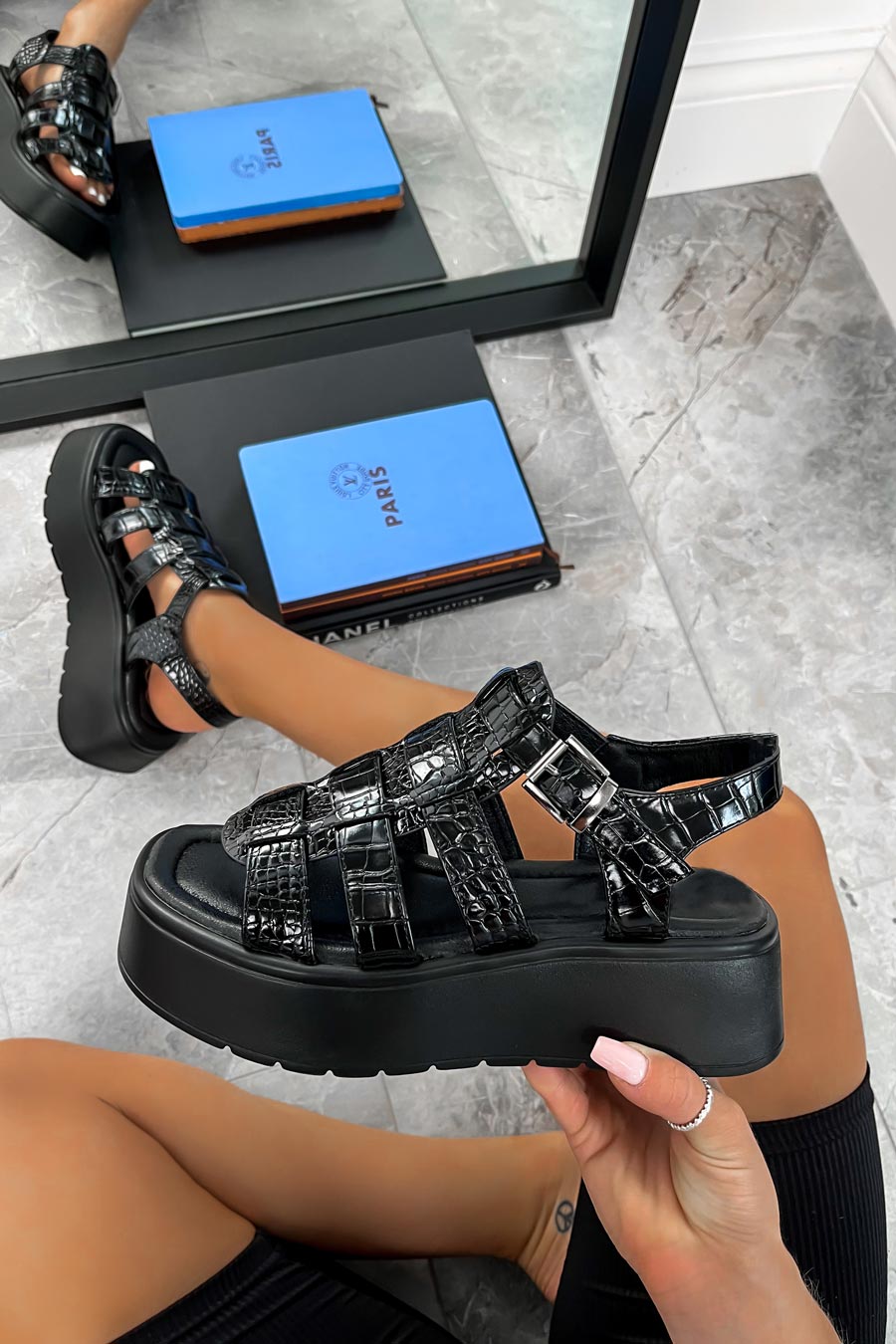 Black block heel gladiator sandals online