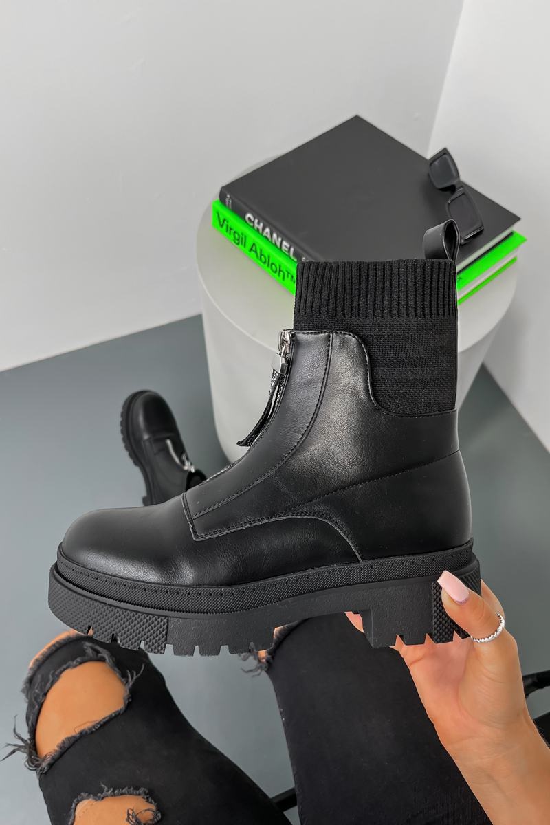 Boots Zara Black Flat Biker Ankle Boots ELEVATE Zip Front Biker