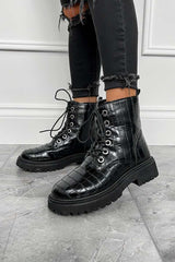 ELLA Chunky Ankle Boots - Black Croc