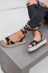 ELORA Espadrille Cross Over Sandals - Black Croc