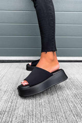 EVLYN Chunky Platform Sandals - Black Lycra - 1