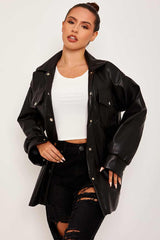 Front Pocket PU Shirt Shacket - Black