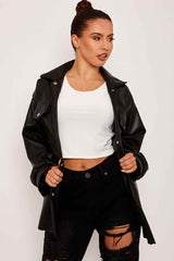 Front Pocket PU Shirt Shacket - Black - 1