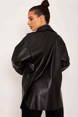 Front Pocket PU Shirt Shacket - Black - 2