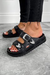 HARLI Chunky Western Buckle Sandals - Black - 2