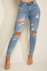 High Waist Ripped Denim Jeans - Mid Blue