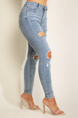 High Waist Ripped Denim Jeans - Mid Blue - 2