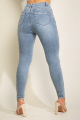 High Waist Ripped Denim Jeans - Mid Blue - 3