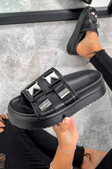 IONA Chunky Silver Buckle Sandals - Black
