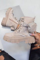 KARMA Chunky Platform Pocket Detail Ankle Boots - Beige Suede