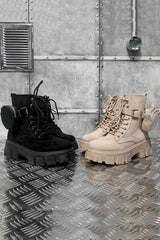 KARMA Chunky Platform Pocket Detail Ankle Boots - Beige Suede - 1