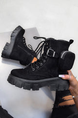 KARMA Chunky Platform Pocket Detail Ankle Boots - Black Suede