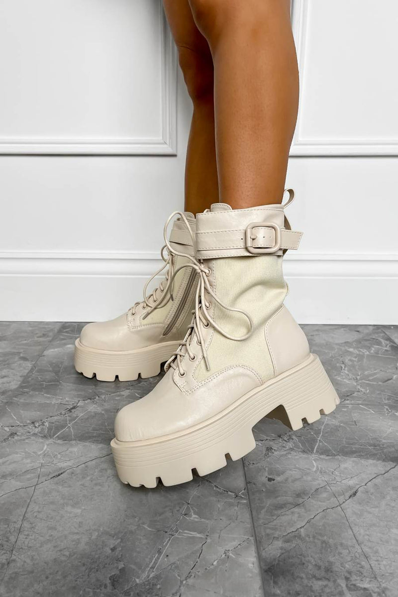 LEONNA Chunky Buckle Ankle Boots - Beige - 2