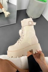 LEONNA Chunky Buckle Ankle Boots - Beige