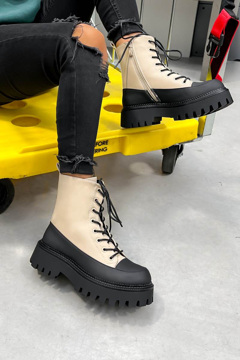LEVEL UP Chunky Lace Up Ankle Boots - Beige - 6