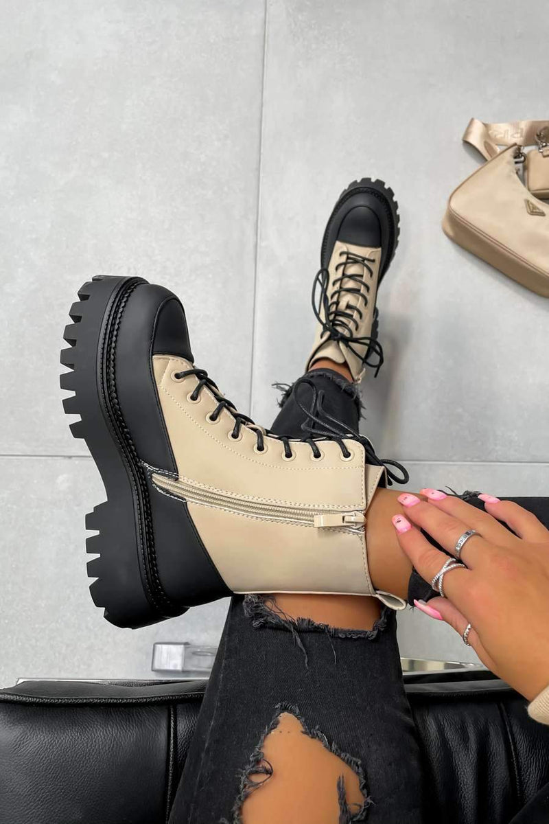LEVEL UP Chunky Lace Up Ankle Boots - Beige - 3