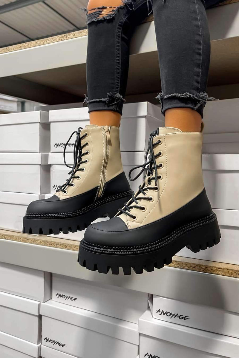 LEVEL UP Chunky Lace Up Ankle Boots - Beige - 4