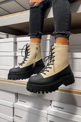 LEVEL UP Chunky Lace Up Ankle Boots - Beige - 4