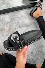 LOSE IT Western Buckle Sliders - Black/Silver - 3