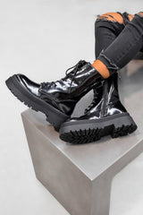 Lace Up Chunky Biker Ankle Boots - Black Patent-1