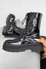 Lace Up Chunky Biker Ankle Boots - Black Patent