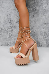 MARCELLE Chunky Platform Lace Up Heels - Beige 3