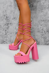 MARCELLE Chunky Platform Lace Up Heels - Pink