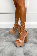 MARCELLE Chunky Platform Lace Up Heels - Beige - 2