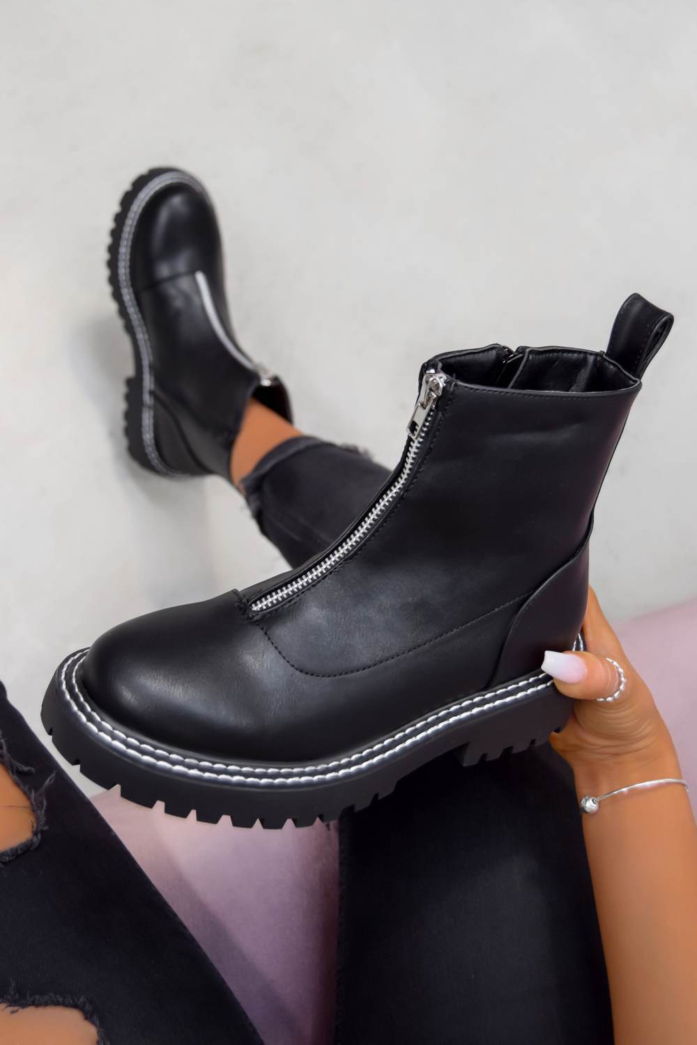 REBEL Zip Front Ankle Boots - Black PU – AJ VOYAGE