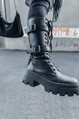 MAYHEM Chunky Lace Up Midi Boots - Black PU - 2