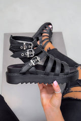 MENACE Chunky Caged Gladiator Buckle Sandals - Black - 1