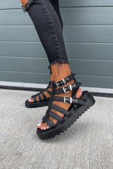 MENACE Chunky Caged Gladiator Buckle Sandals - Black -3