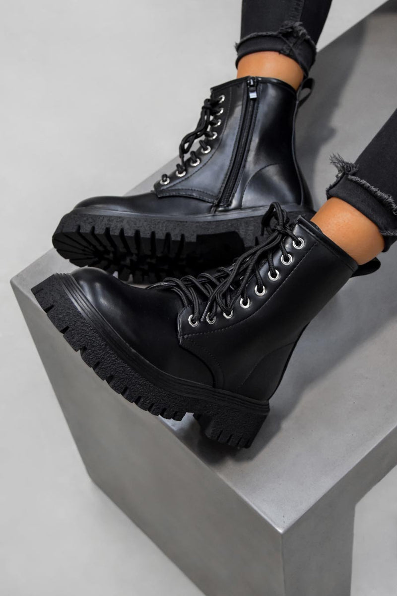 MONTANA Lace Up Chunky Boots - Black PU