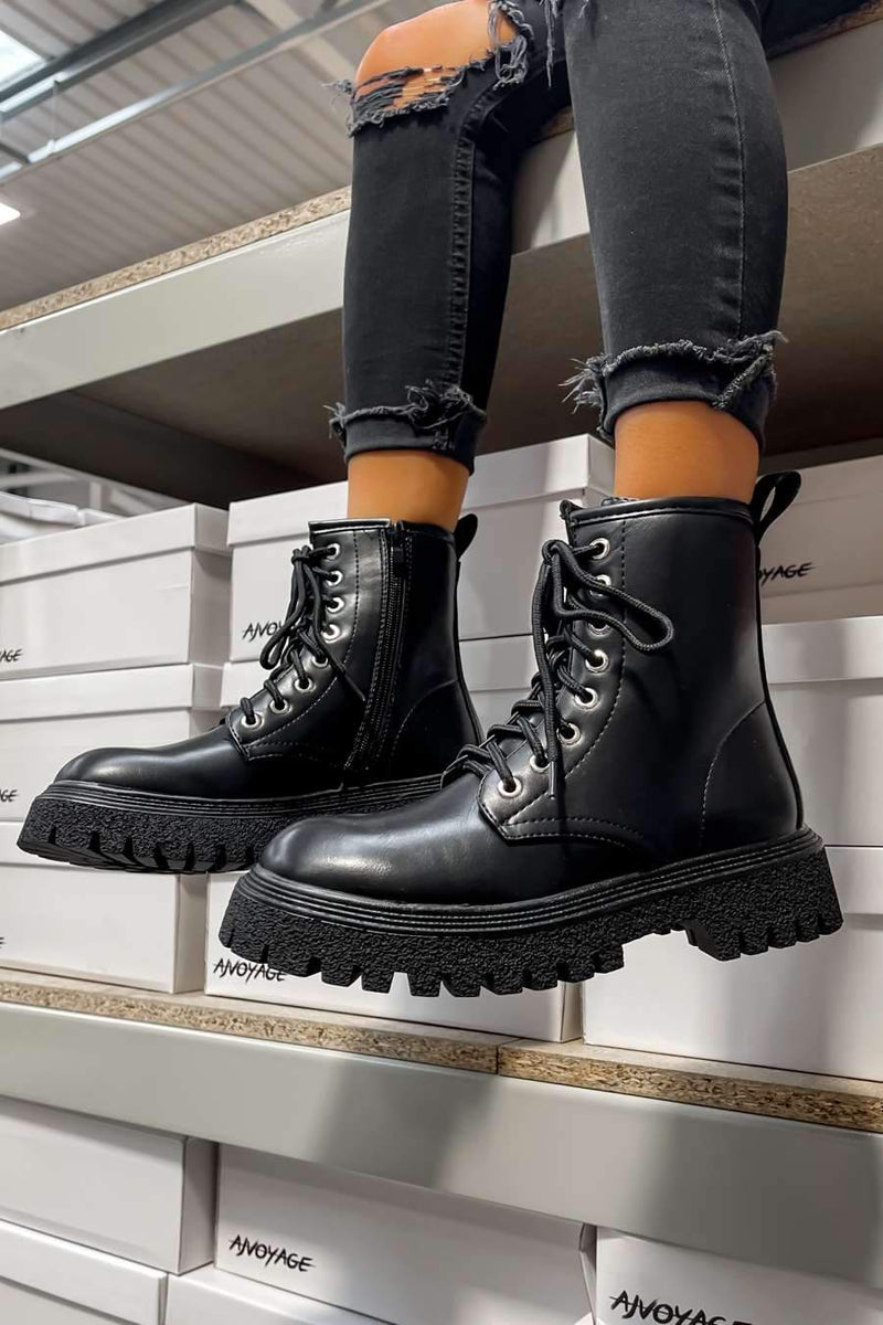 MONTANA Lace Up Chunky Boots - Black PU