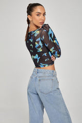 Motel Elijah long Sleeve Top - Black/Blue Butterfly - 2
