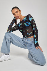 Motel Elijah long Sleeve Top - Black/Blue Butterfly