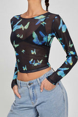 Motel Elijah long Sleeve Top - Black/Blue Butterfly - 1