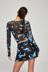 Motel Rocks Pelma Skirt - Black/Blue Butterfly - 2