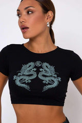 Motel Rocks Tindy Dragon Print Top - Black/Mint - 2