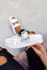 NEED ME Chunky Studded Buckle Sandals - White/Silver