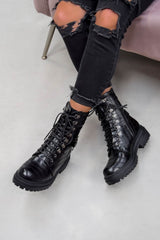 NEVA Chunky Buckle Ankle Boots - Black Croc - 1